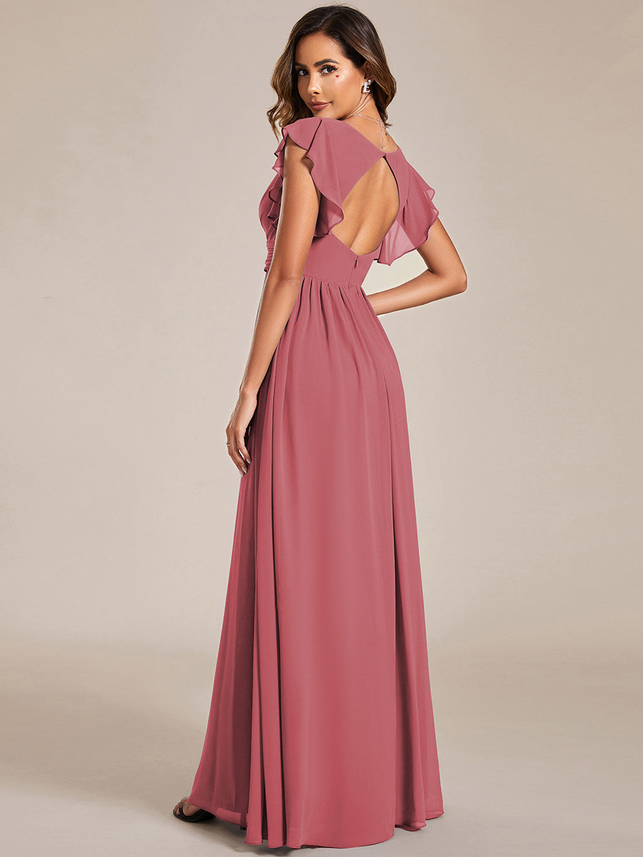 V-Neck Open Back Ruffled Sleeves Chiffon Bridesmaid Dress #color_Cameo Brown