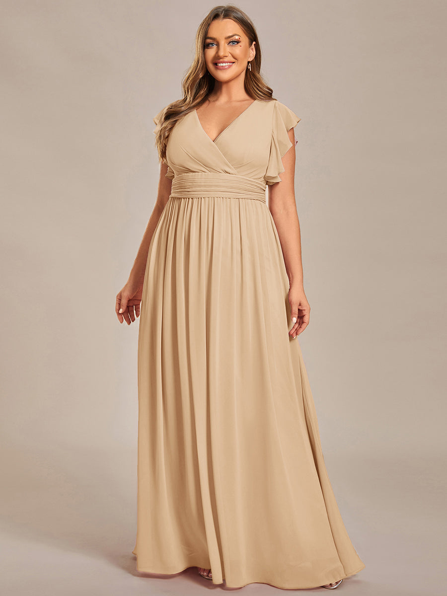 Elegant V-Neck Open Back Chiffon Bridesmaid Dress with Ruffled Sleeves #color_Champagne