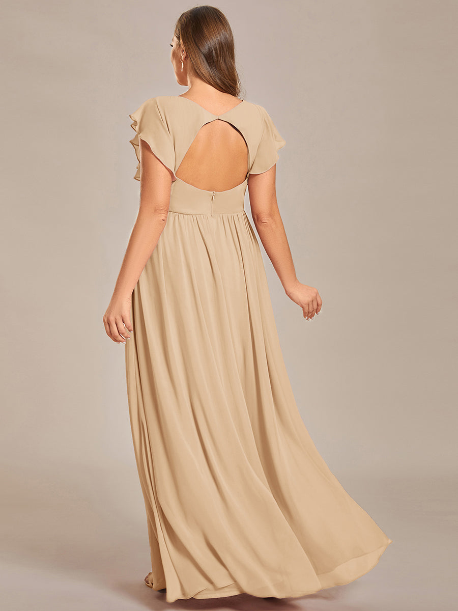 Elegant V-Neck Open Back Chiffon Bridesmaid Dress with Ruffled Sleeves #color_Champagne