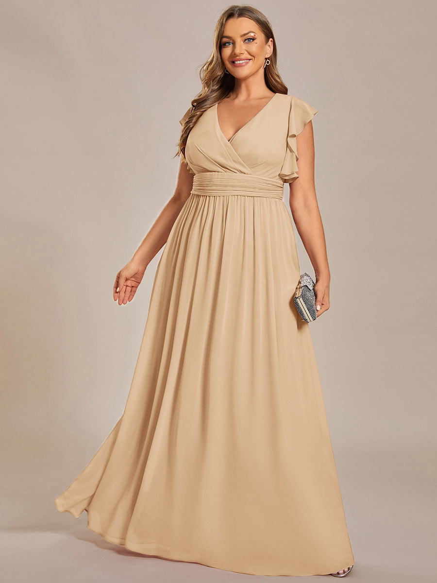 Elegant V-Neck Open Back Chiffon Bridesmaid Dress with Ruffled Sleeves #color_Champagne