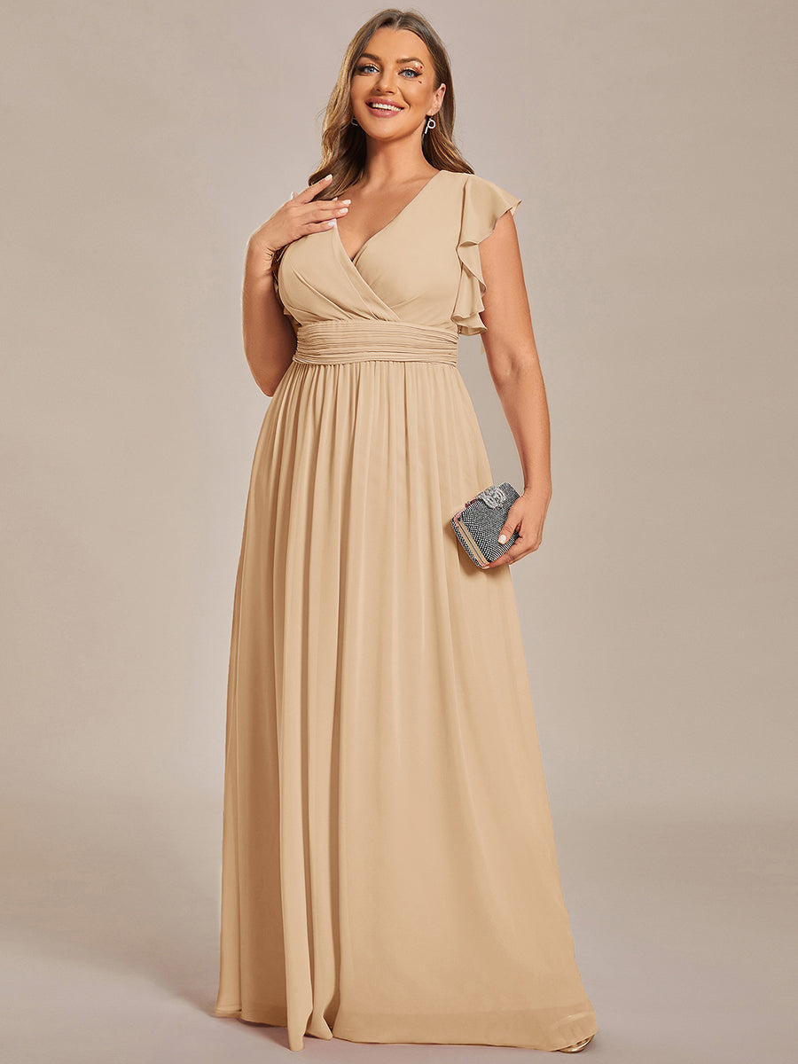 Elegant V-Neck Open Back Chiffon Bridesmaid Dress with Ruffled Sleeves #color_Champagne