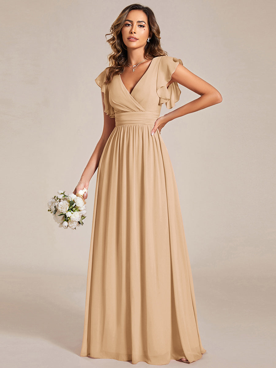 Elegant V-Neck Open Back Chiffon Bridesmaid Dress with Ruffled Sleeves #color_Champagne