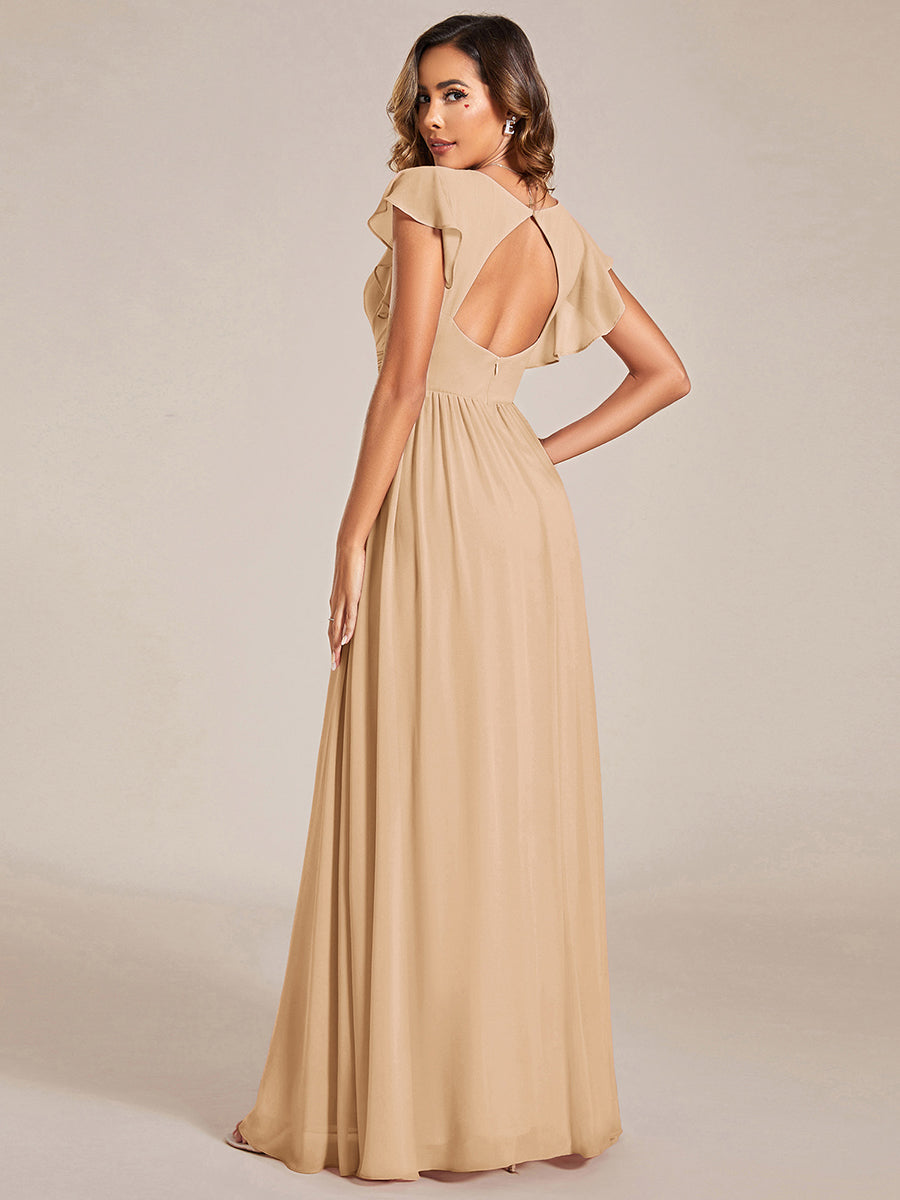 Elegant V-Neck Open Back Chiffon Bridesmaid Dress with Ruffled Sleeves #color_Champagne