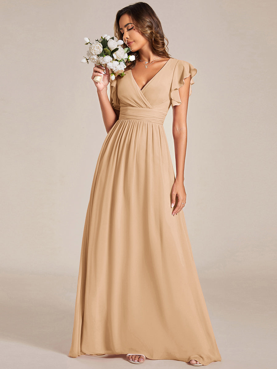 Elegant V-Neck Open Back Chiffon Bridesmaid Dress with Ruffled Sleeves #color_Champagne