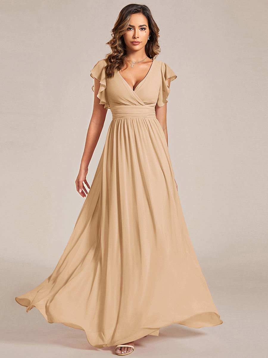 Elegant V-Neck Open Back Chiffon Bridesmaid Dress with Ruffled Sleeves #color_Champagne