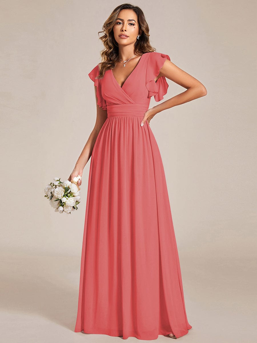 V-Neck Open Back Ruffled Sleeves Chiffon Bridesmaid Dress #color_Coral