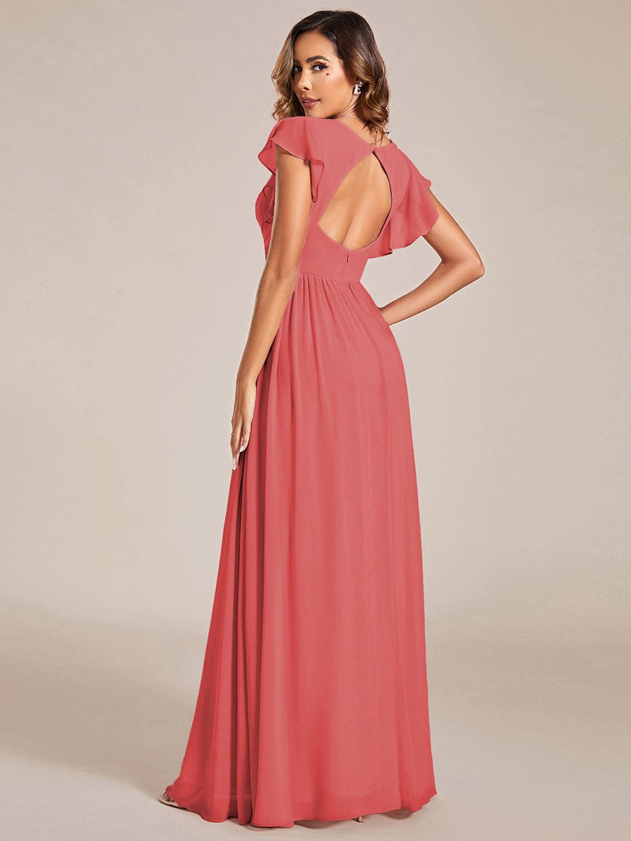 V-Neck Open Back Ruffled Sleeves Chiffon Bridesmaid Dress #color_Coral