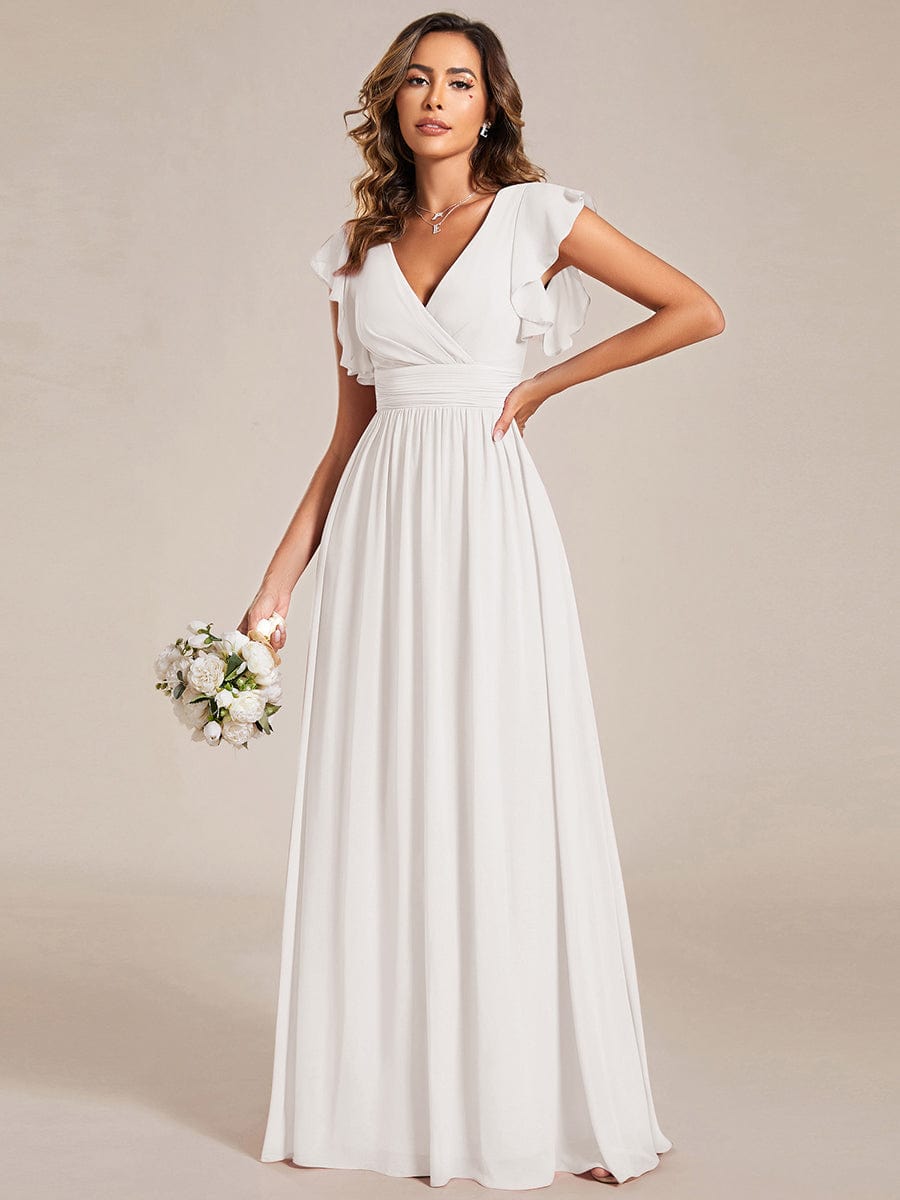 V-Neck Open Back Ruffled Sleeves Chiffon Bridesmaid Dress #color_Cream