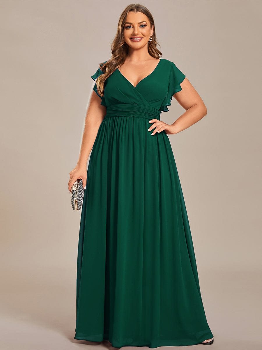 Custom Size Elegant V-Neck Open Back Chiffon Bridesmaid Dress with Ruffled Sleeves #color_Dark Green