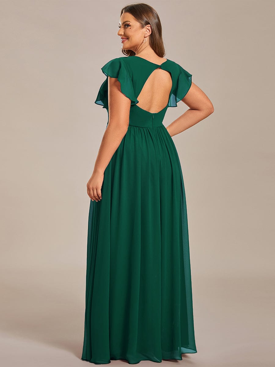 Custom Size Elegant V-Neck Open Back Chiffon Bridesmaid Dress with Ruffled Sleeves #color_Dark Green