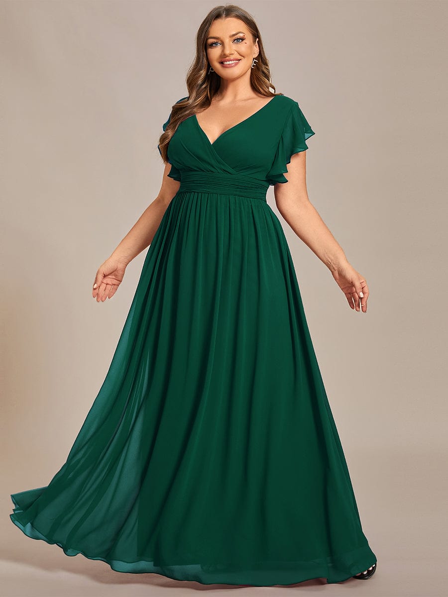 Custom Size Elegant V-Neck Open Back Chiffon Bridesmaid Dress with Ruffled Sleeves #color_Dark Green