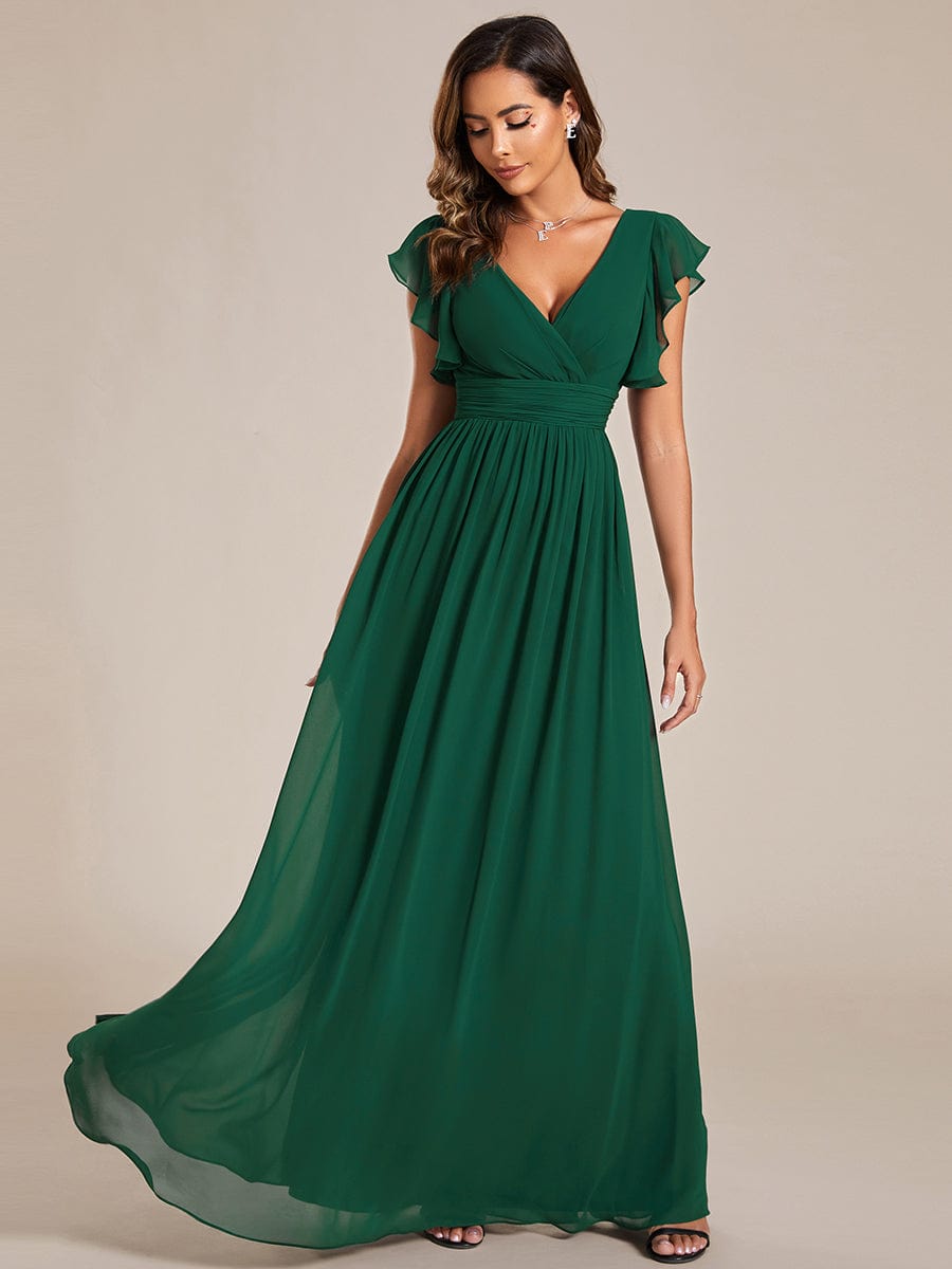 Custom Size Elegant V-Neck Open Back Chiffon Bridesmaid Dress with Ruffled Sleeves #color_Dark Green