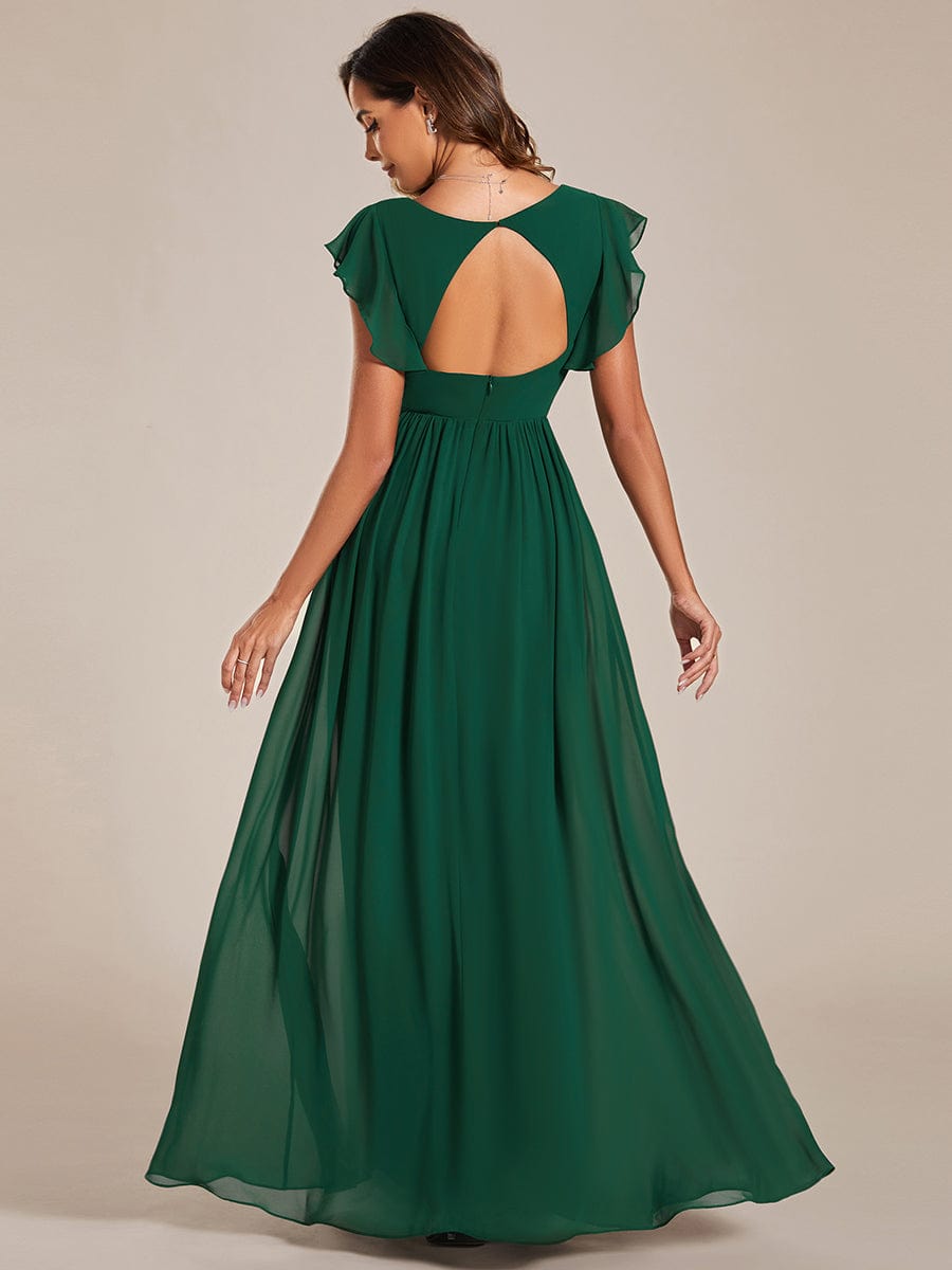 Custom Size Elegant V-Neck Open Back Chiffon Bridesmaid Dress with Ruffled Sleeves #color_Dark Green