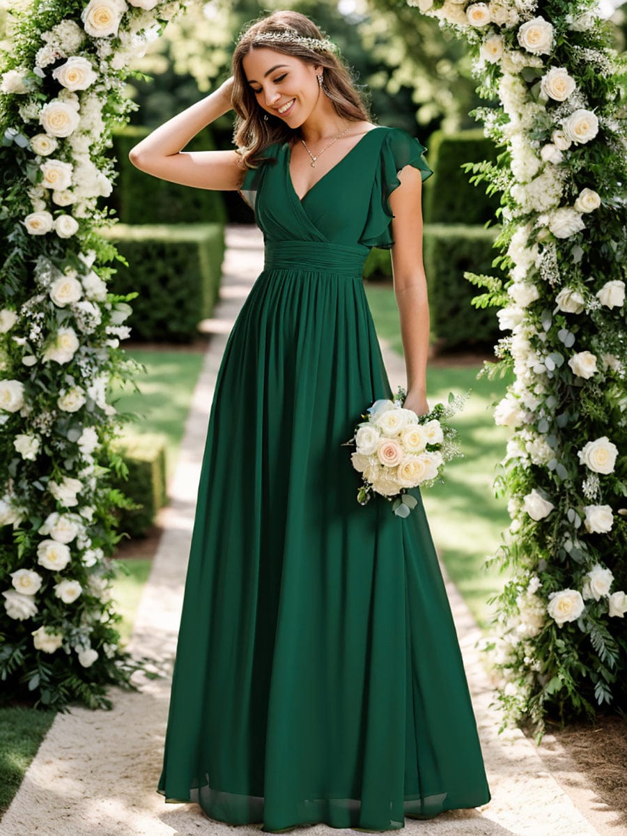 Elegant V-Neck Open Back Chiffon Bridesmaid Dress with Ruffled Sleeves #color_Dark Green