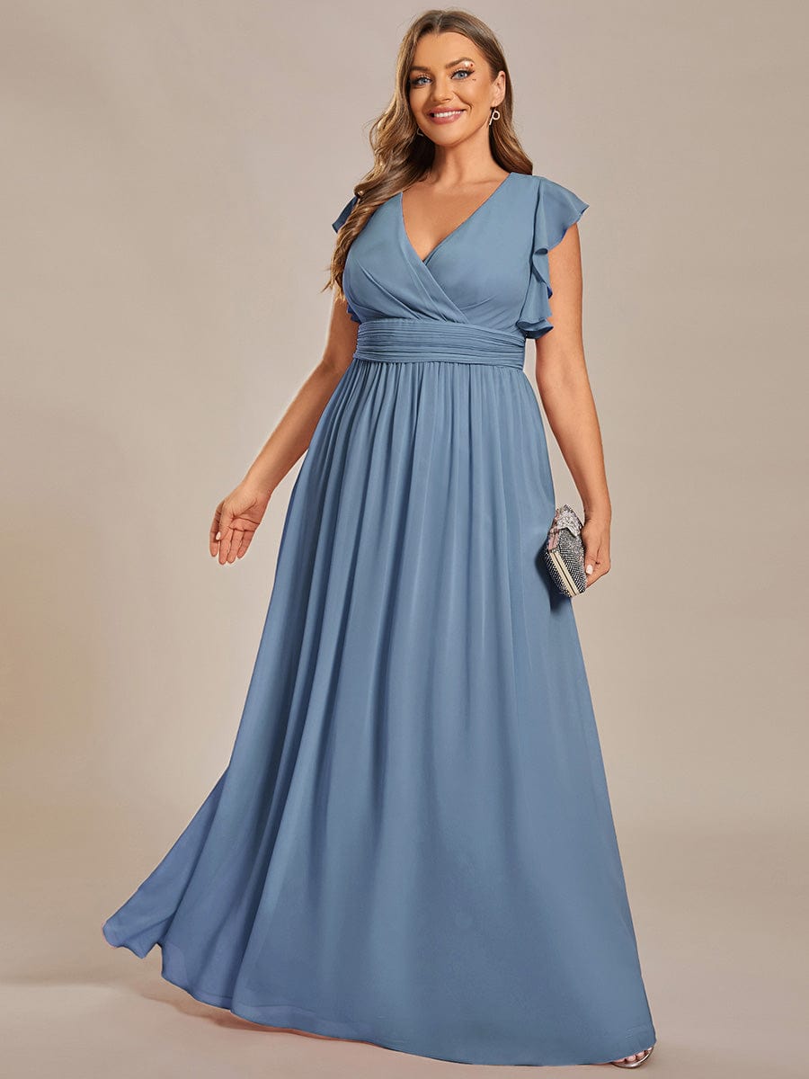 Custom Size Elegant V-Neck Open Back Chiffon Bridesmaid Dress with Ruffled Sleeves #color_Dusty Blue