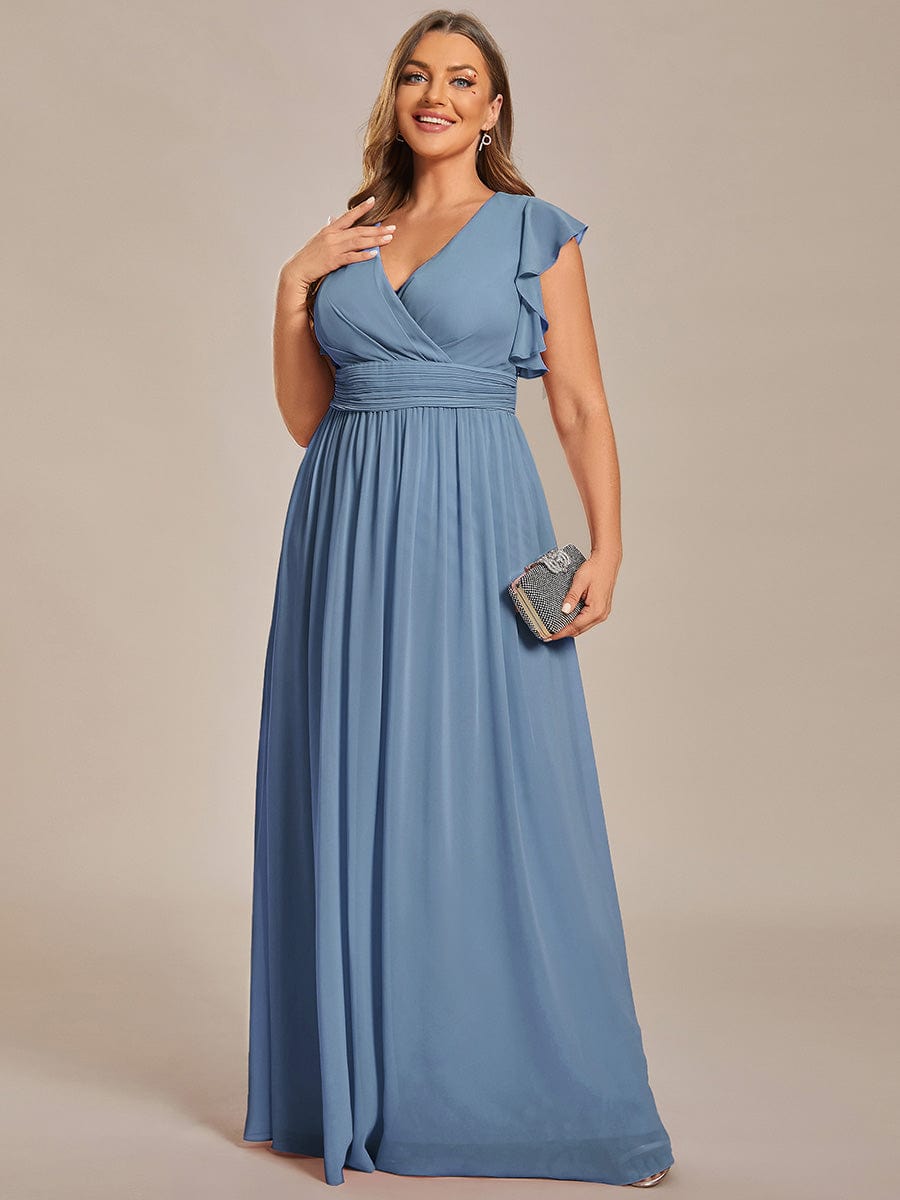 Custom Size Elegant V-Neck Open Back Chiffon Bridesmaid Dress with Ruffled Sleeves #color_Dusty Blue