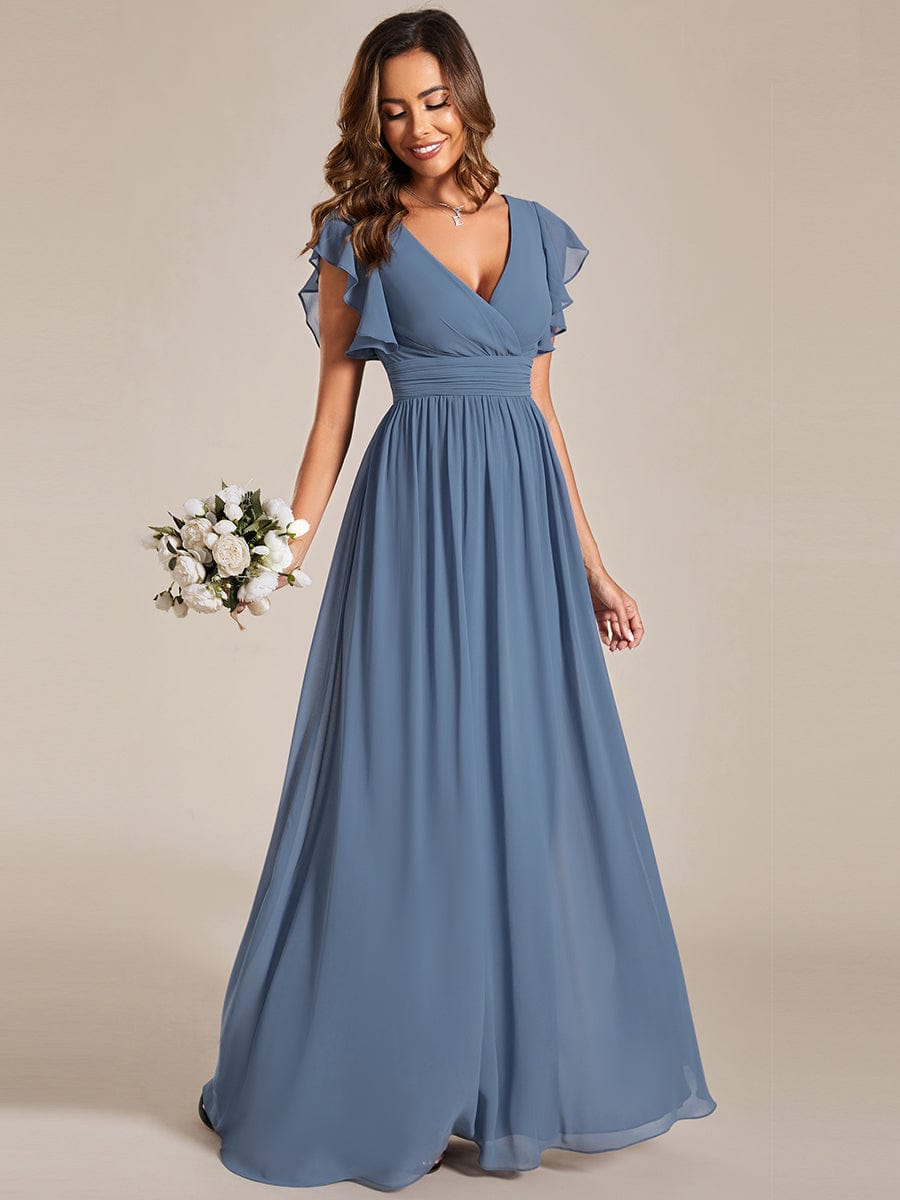 Custom Size Elegant V-Neck Open Back Chiffon Bridesmaid Dress with Ruffled Sleeves #color_Dusty Blue