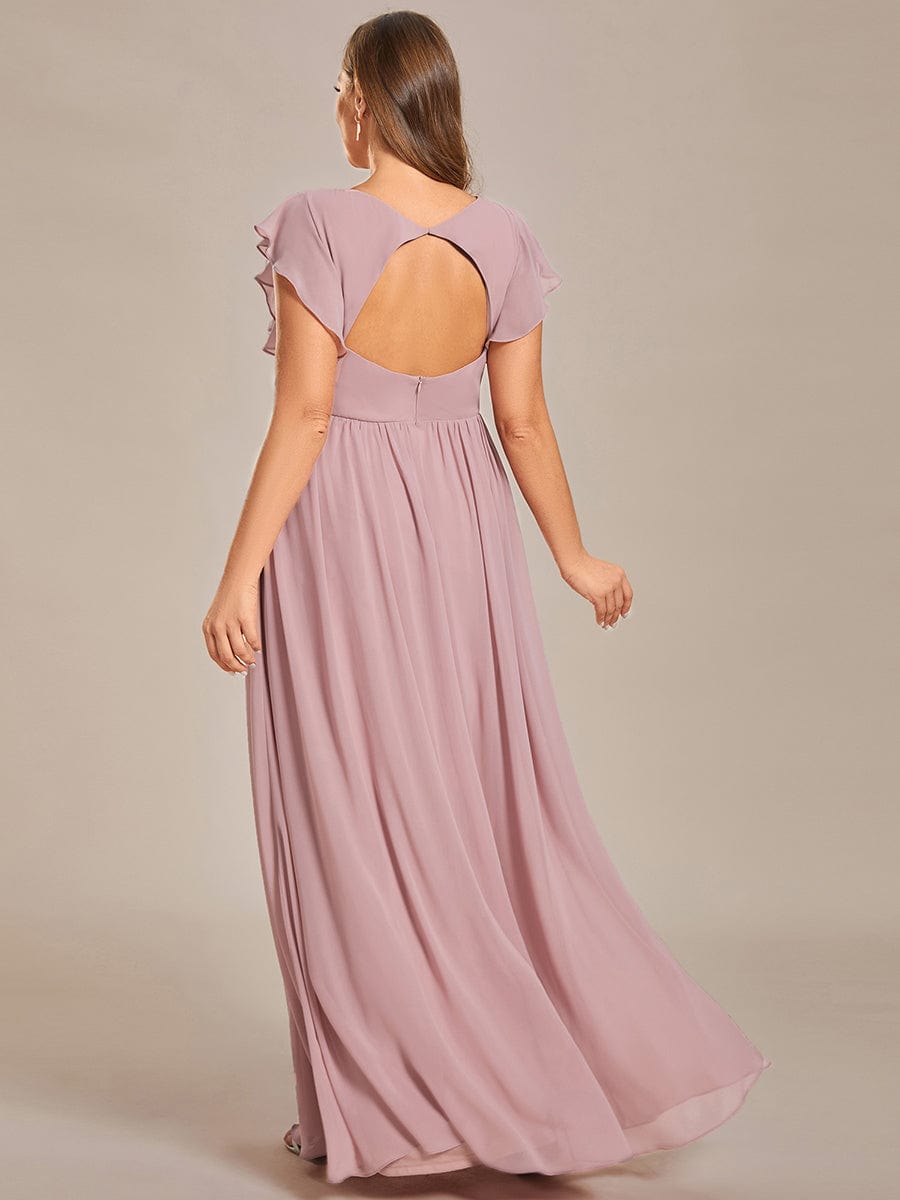 Custom Size Elegant V-Neck Open Back Chiffon Bridesmaid Dress with Ruffled Sleeves #color_Dusty Rose