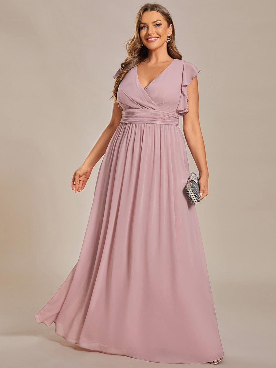 Custom Size Elegant V-Neck Open Back Chiffon Bridesmaid Dress with Ruffled Sleeves #color_Dusty Rose