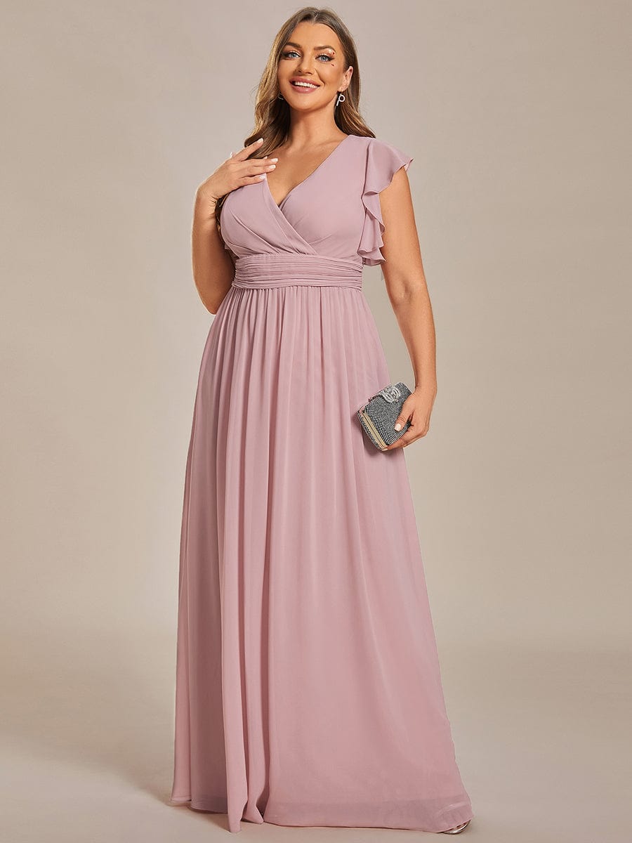 Custom Size Elegant V-Neck Open Back Chiffon Bridesmaid Dress with Ruffled Sleeves #color_Dusty Rose