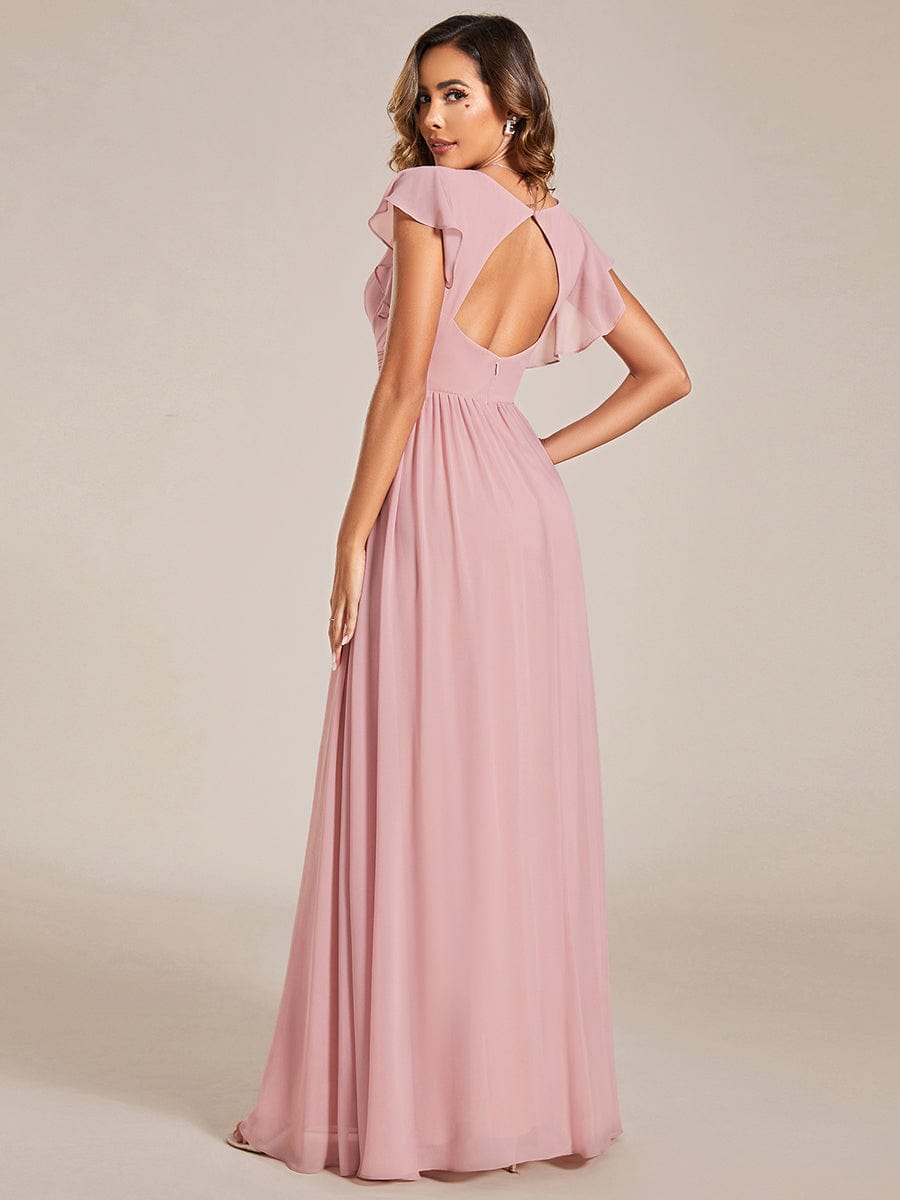 Custom Size Elegant V-Neck Open Back Chiffon Bridesmaid Dress with Ruffled Sleeves #color_Dusty Rose