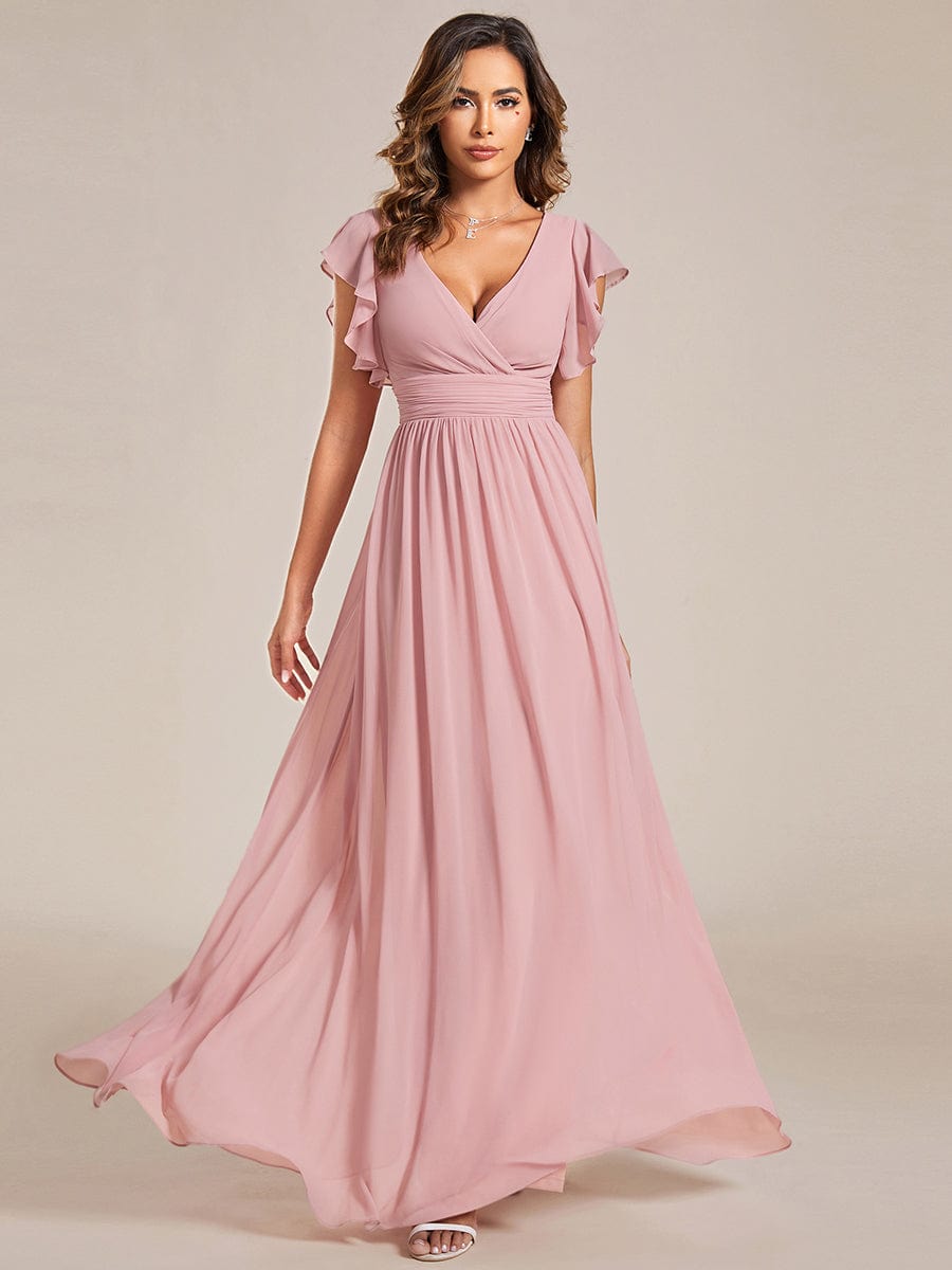 Custom Size Elegant V-Neck Open Back Chiffon Bridesmaid Dress with Ruffled Sleeves #color_Dusty Rose