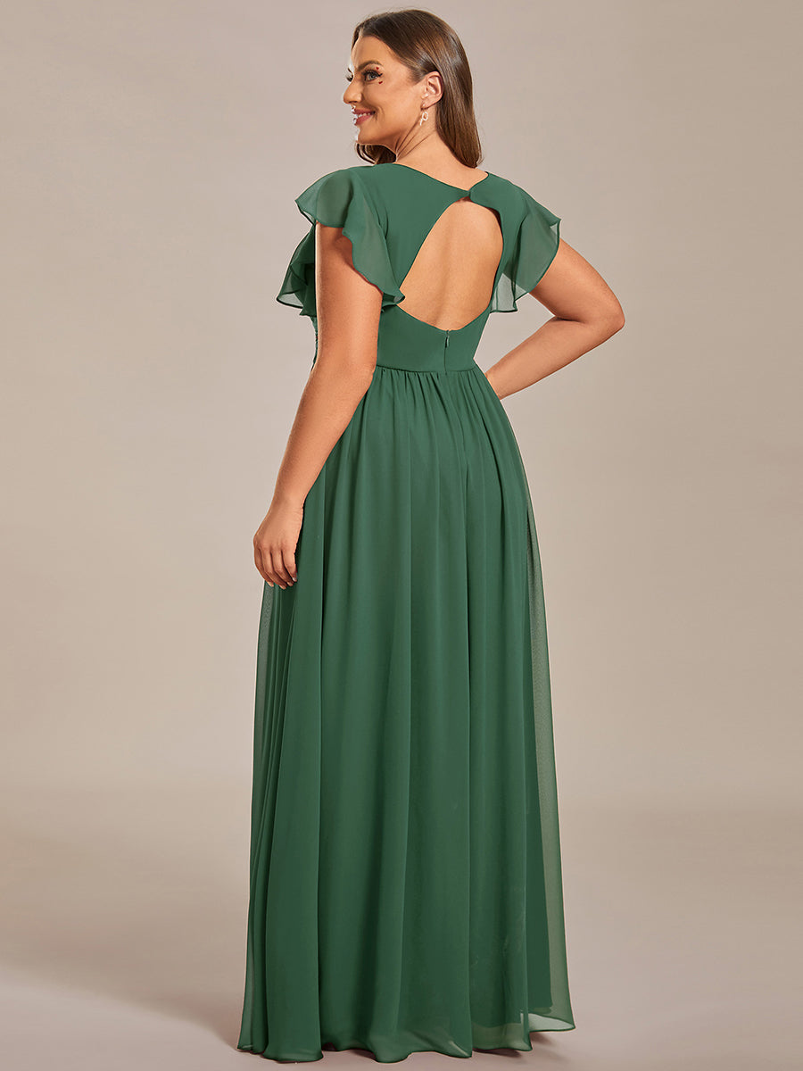 Elegant V-Neck Open Back Chiffon Bridesmaid Dress with Ruffled Sleeves #color_Eucalyptus Green