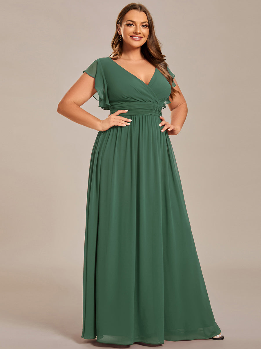 Elegant V-Neck Open Back Chiffon Bridesmaid Dress with Ruffled Sleeves #color_Eucalyptus Green