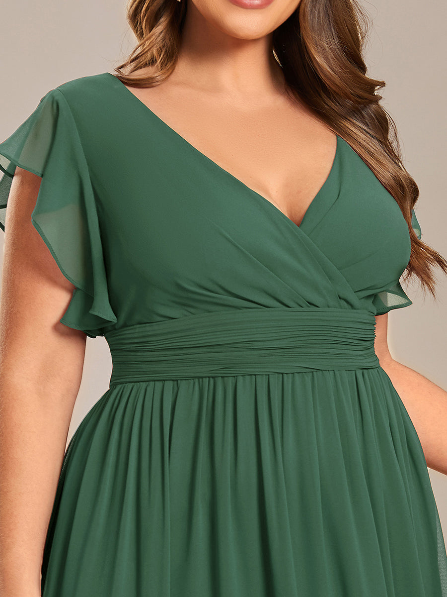 Elegant V-Neck Open Back Chiffon Bridesmaid Dress with Ruffled Sleeves #color_Eucalyptus Green