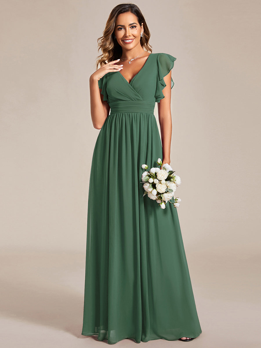 Elegant V-Neck Open Back Chiffon Bridesmaid Dress with Ruffled Sleeves #color_Eucalyptus Green