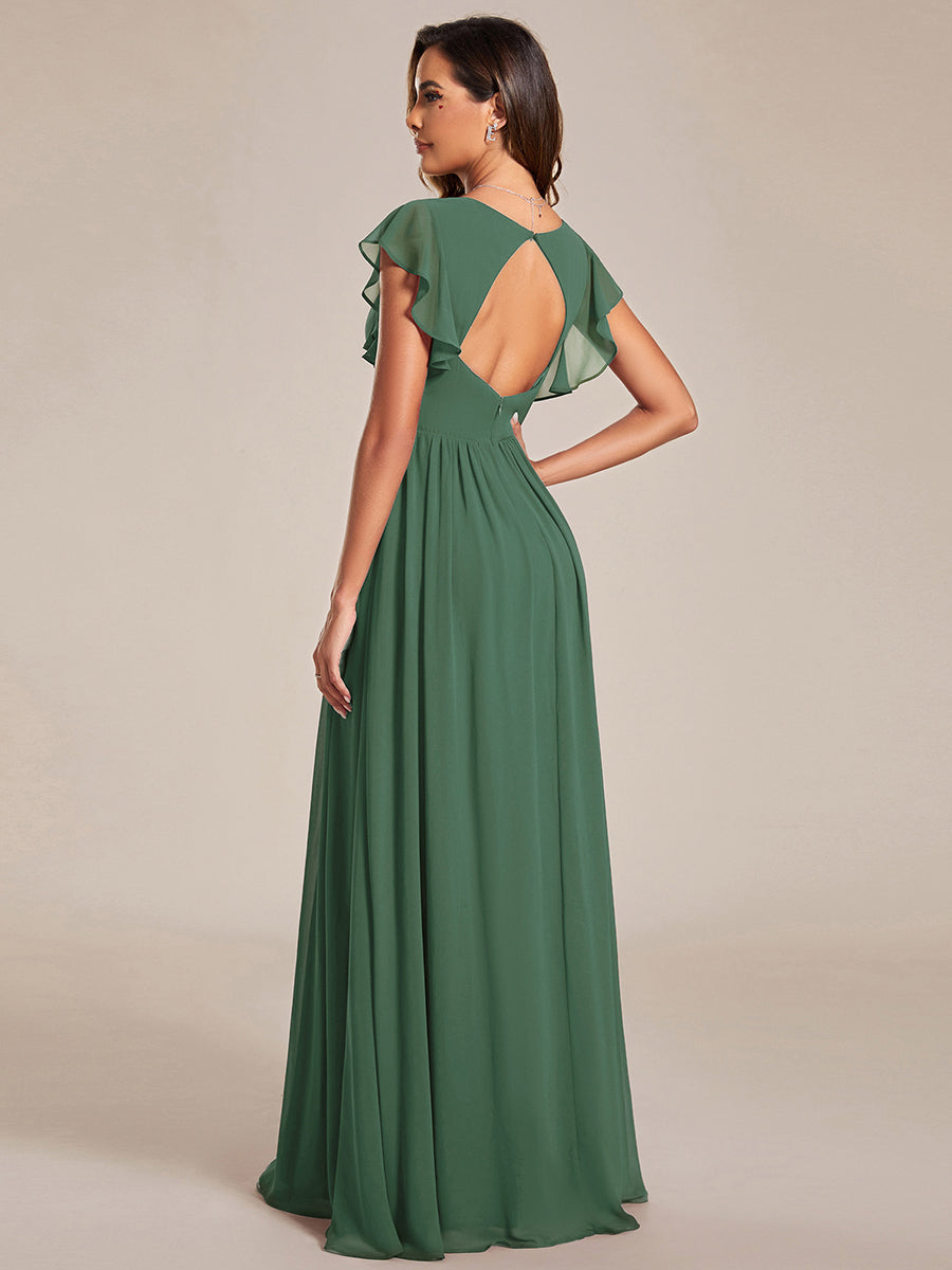 Elegant V-Neck Open Back Chiffon Bridesmaid Dress with Ruffled Sleeves #color_Eucalyptus Green