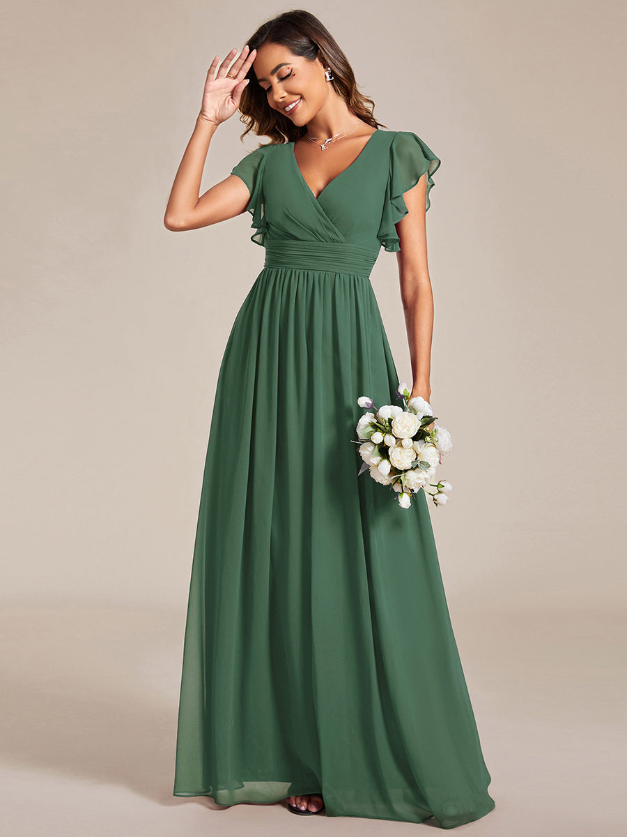 Elegant V-Neck Open Back Chiffon Bridesmaid Dress with Ruffled Sleeves #color_Eucalyptus Green