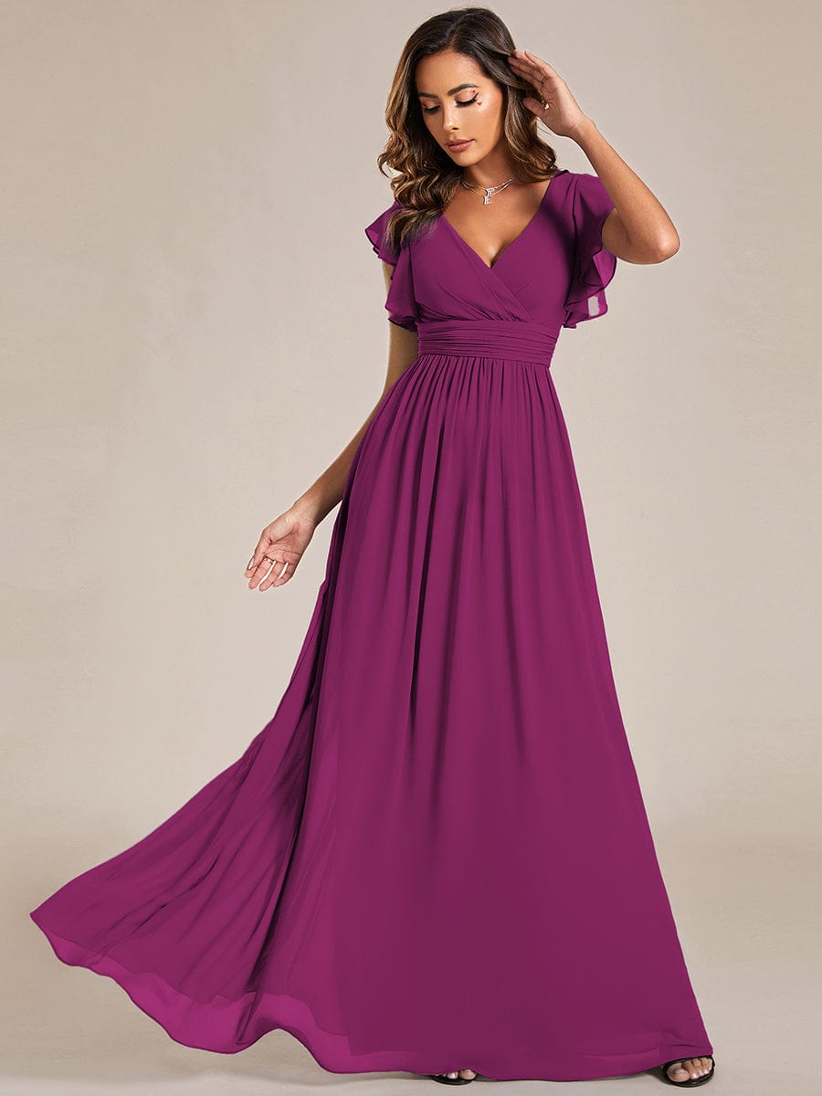 Elegant V-Neck Open Back Chiffon Bridesmaid Dress with Ruffled Sleeves #color_Fuchsia