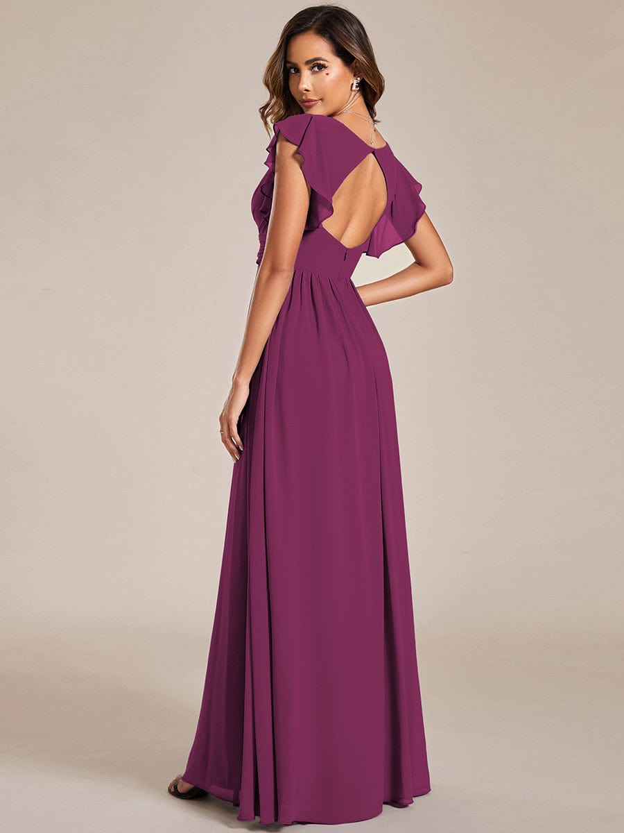 Elegant V-Neck Open Back Chiffon Bridesmaid Dress with Ruffled Sleeves #color_Fuchsia