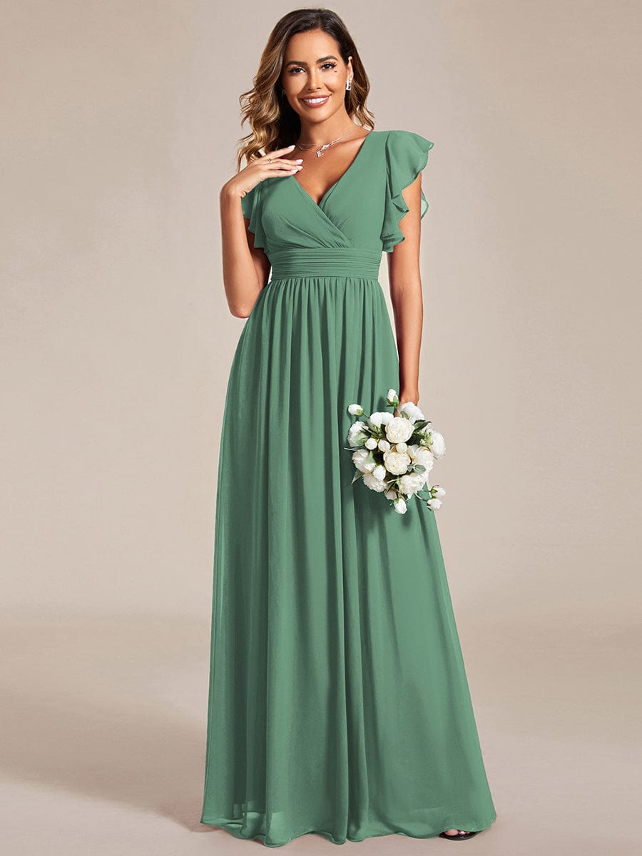 V-Neck Open Back Ruffled Sleeves Chiffon Bridesmaid Dress #color_Green Bean