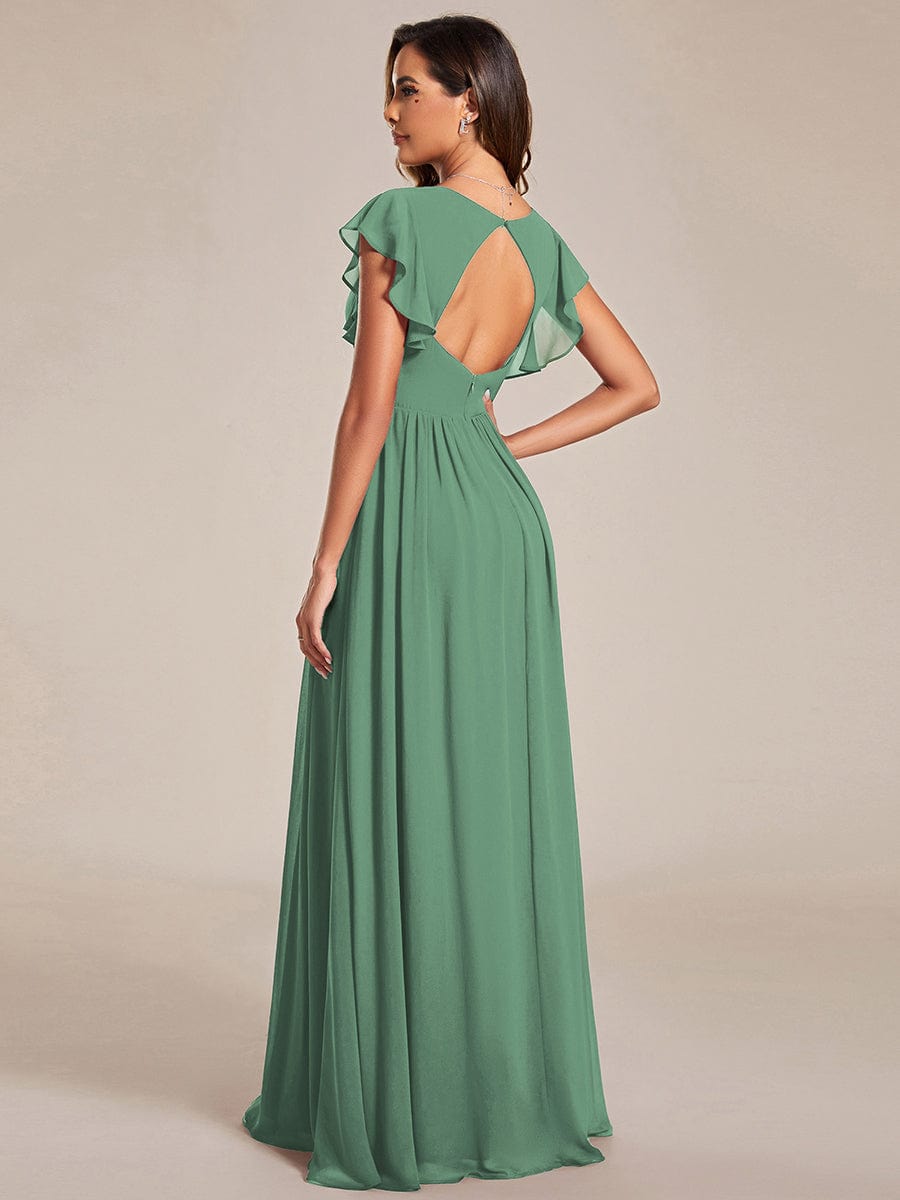 V-Neck Open Back Ruffled Sleeves Chiffon Bridesmaid Dress #color_Green Bean