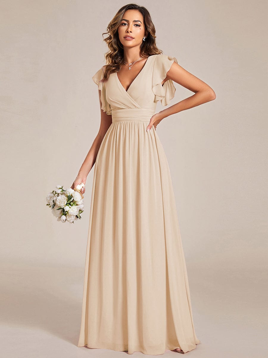 V-Neck Open Back Ruffled Sleeves Chiffon Bridesmaid Dress #color_Gold