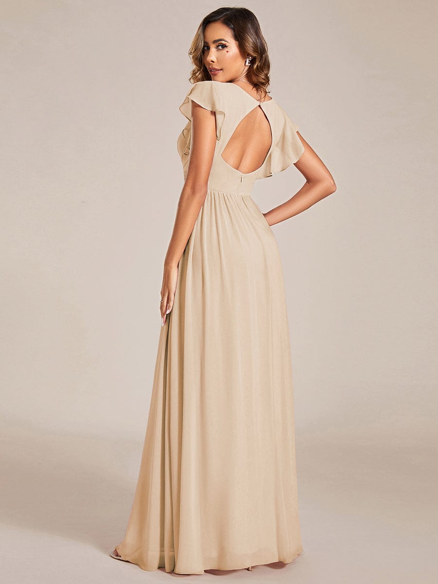 V-Neck Open Back Ruffled Sleeves Chiffon Bridesmaid Dress #color_Gold