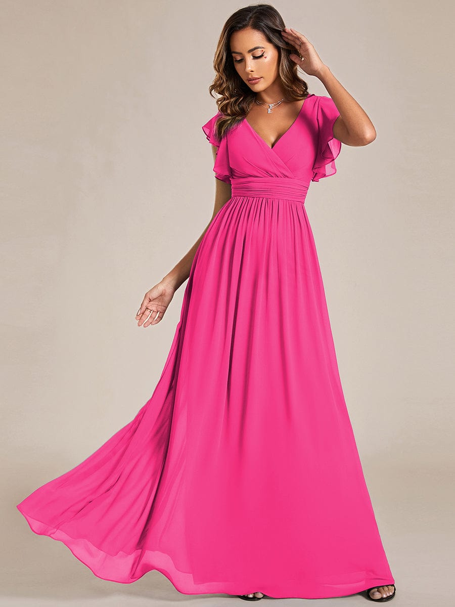 Elegant V-Neck Open Back Chiffon Bridesmaid Dress with Ruffled Sleeves #color_Hot Pink