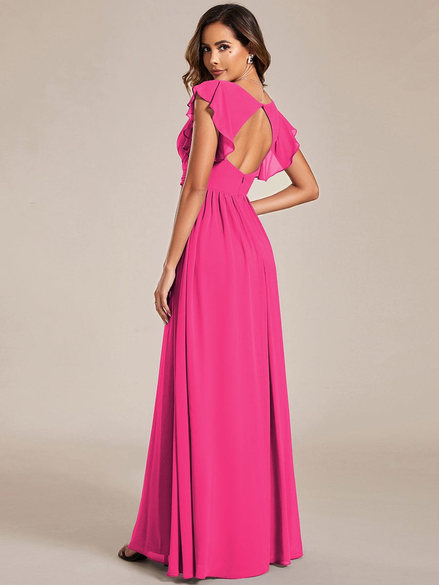 Elegant V-Neck Open Back Chiffon Bridesmaid Dress with Ruffled Sleeves #color_Hot Pink