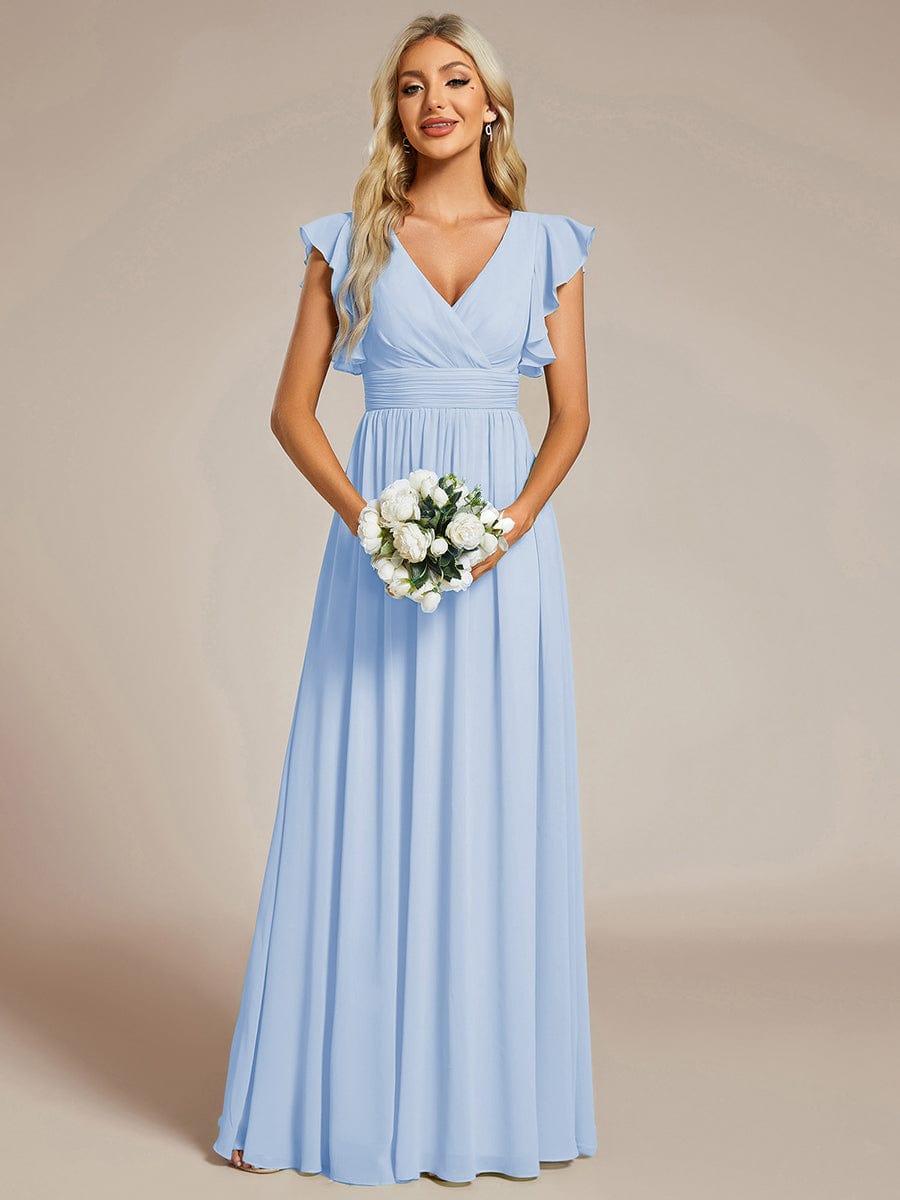 Elegant V-Neck Open Back Chiffon Bridesmaid Dress with Ruffled Sleeves #color_Ice Blue