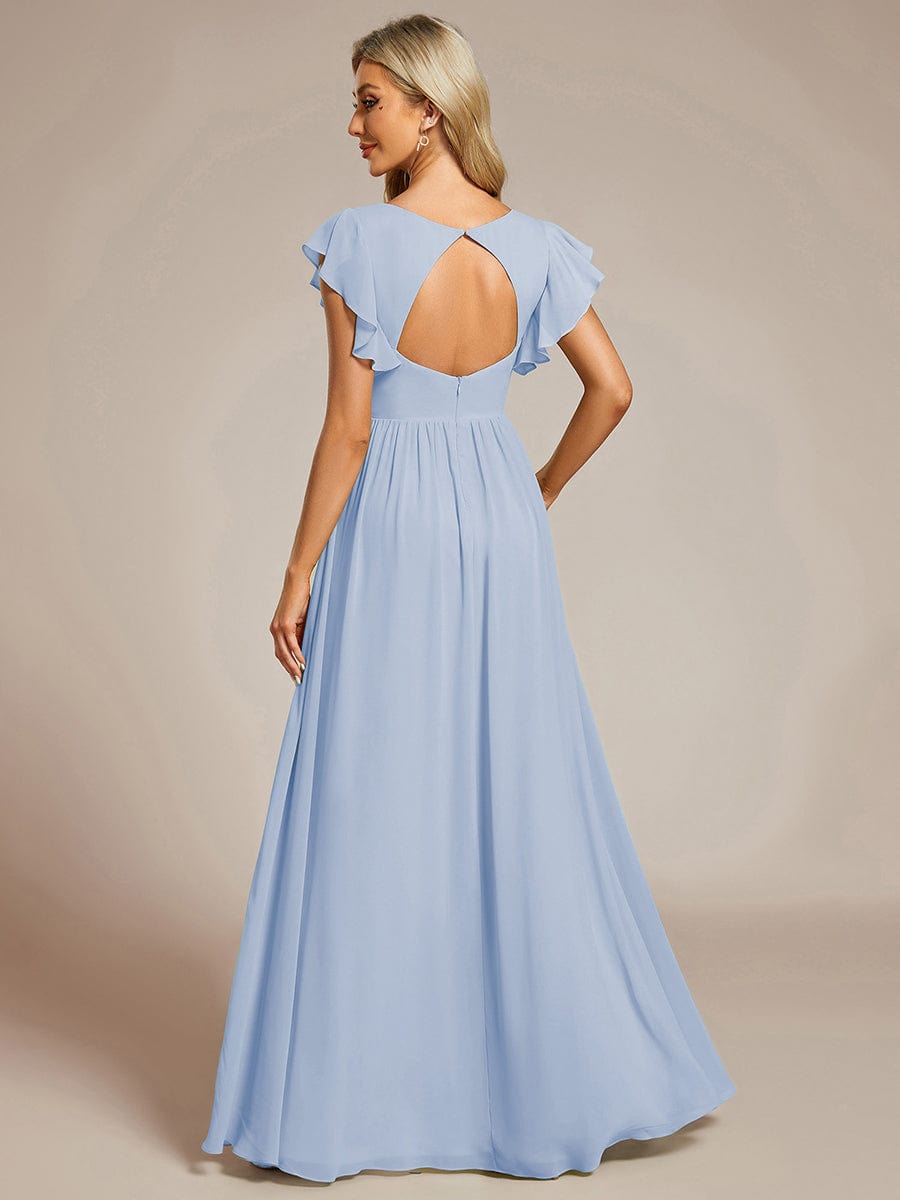 Elegant V-Neck Open Back Chiffon Bridesmaid Dress with Ruffled Sleeves #color_Ice Blue