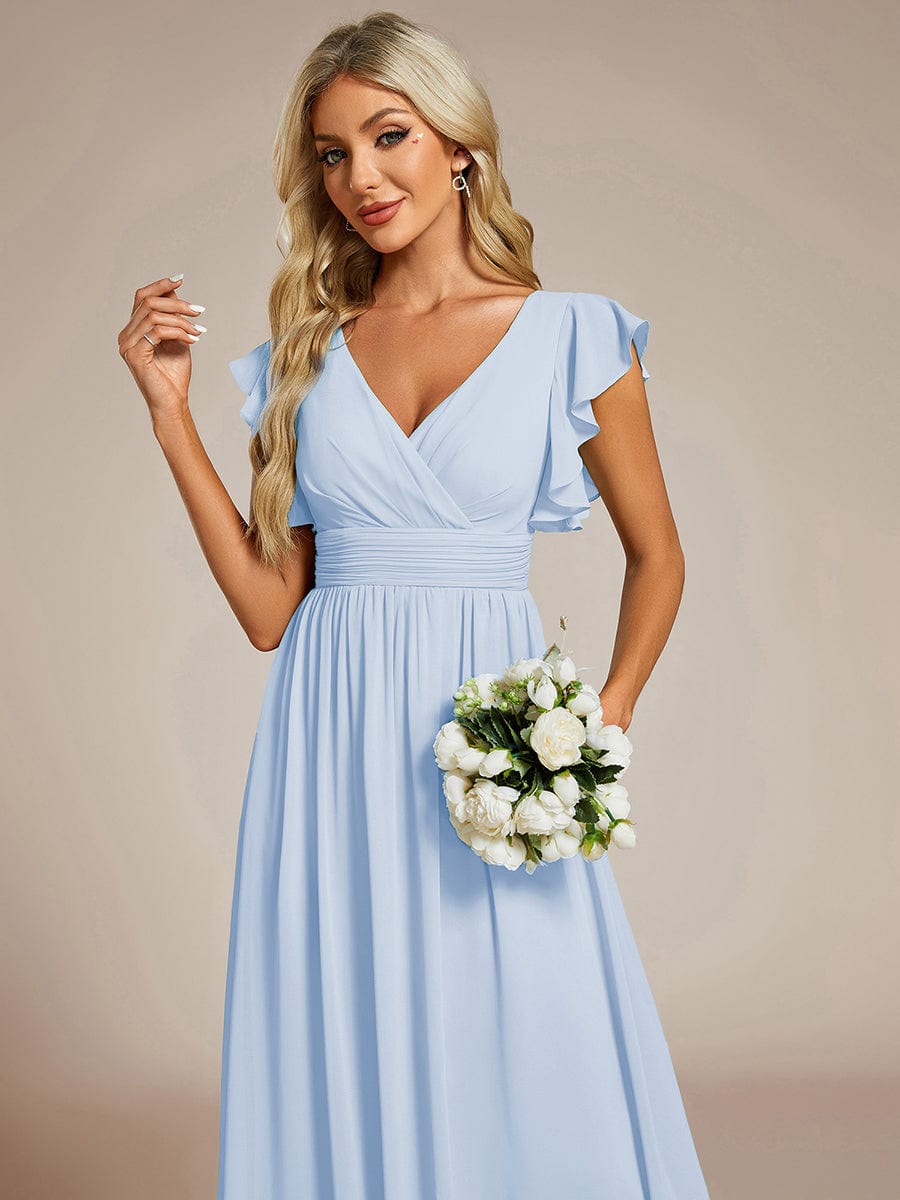 Elegant V-Neck Open Back Chiffon Bridesmaid Dress with Ruffled Sleeves #color_Ice Blue