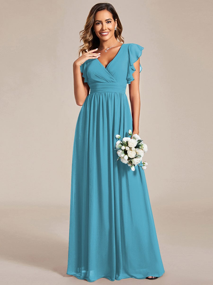 V-Neck Open Back Ruffled Sleeves Chiffon Bridesmaid Dress #color_Jade Blue