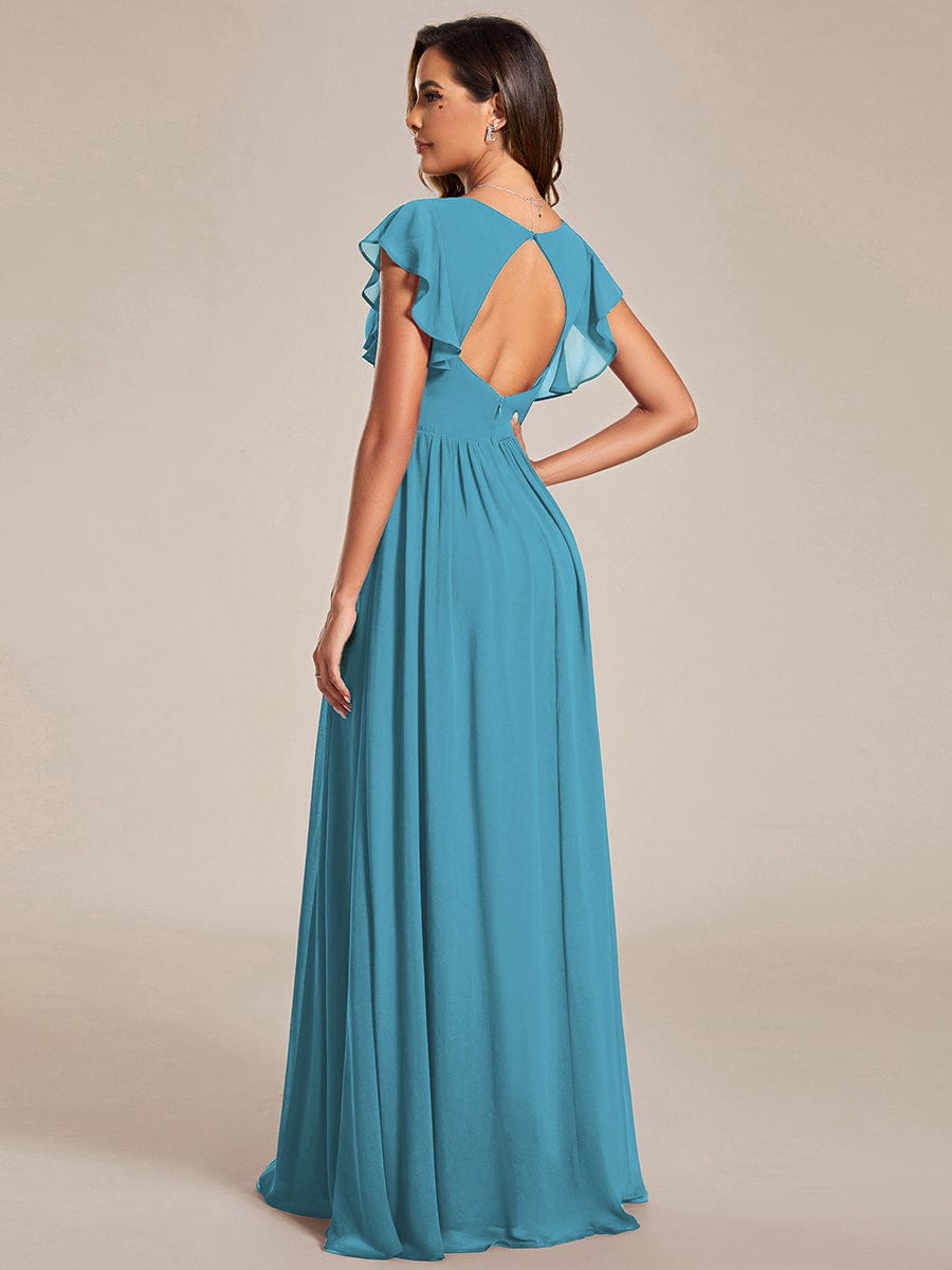 V-Neck Open Back Ruffled Sleeves Chiffon Bridesmaid Dress #color_Jade Blue