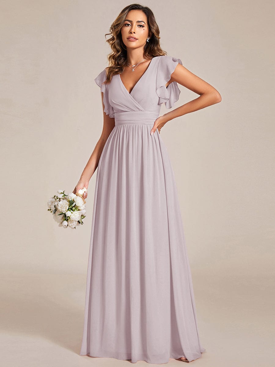 V-Neck Open Back Ruffled Sleeves Chiffon Bridesmaid Dress #color_Lilac