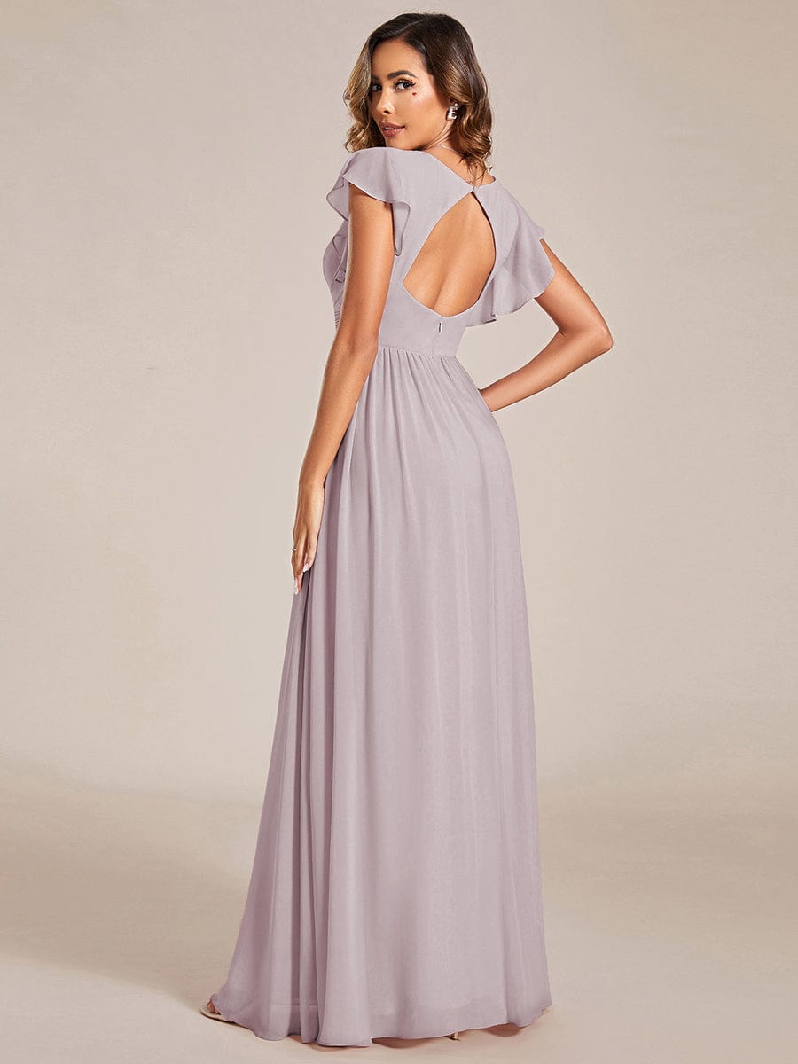 V-Neck Open Back Ruffled Sleeves Chiffon Bridesmaid Dress #color_Lilac