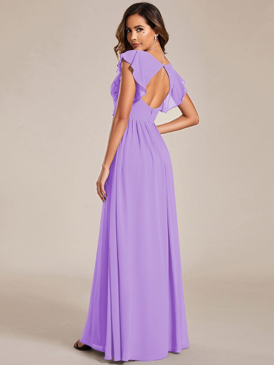 Elegant V-Neck Open Back Chiffon Bridesmaid Dress with Ruffled Sleeves #color_Lavender