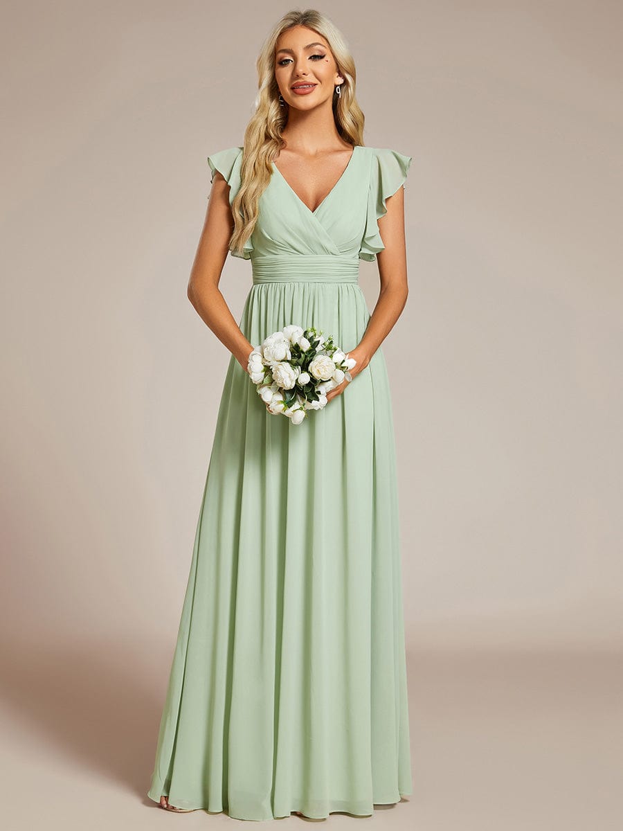 Elegant V-Neck Open Back Chiffon Bridesmaid Dress with Ruffled Sleeves #color_Mint Green