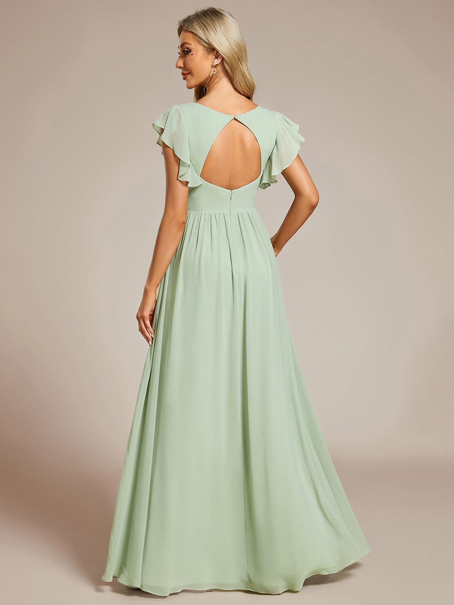 Elegant V-Neck Open Back Chiffon Bridesmaid Dress with Ruffled Sleeves #color_Mint Green